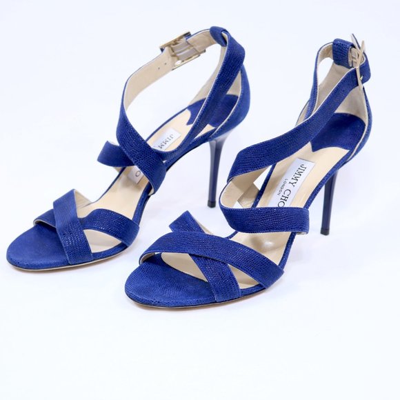 Jimmy Choo Louise Blue Glitter Crisscross Sandal - Picture 1 of 8